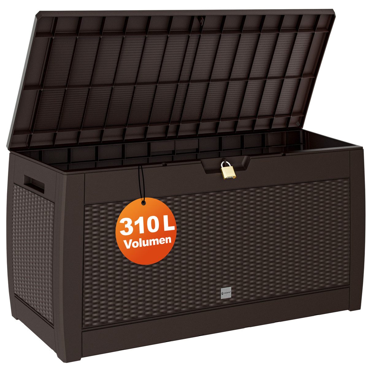 Casaria Auflagenbox Rato, UV-beständig 310L Haltegriffe Balkon Wohnzimmer Rattan-Optik Grau