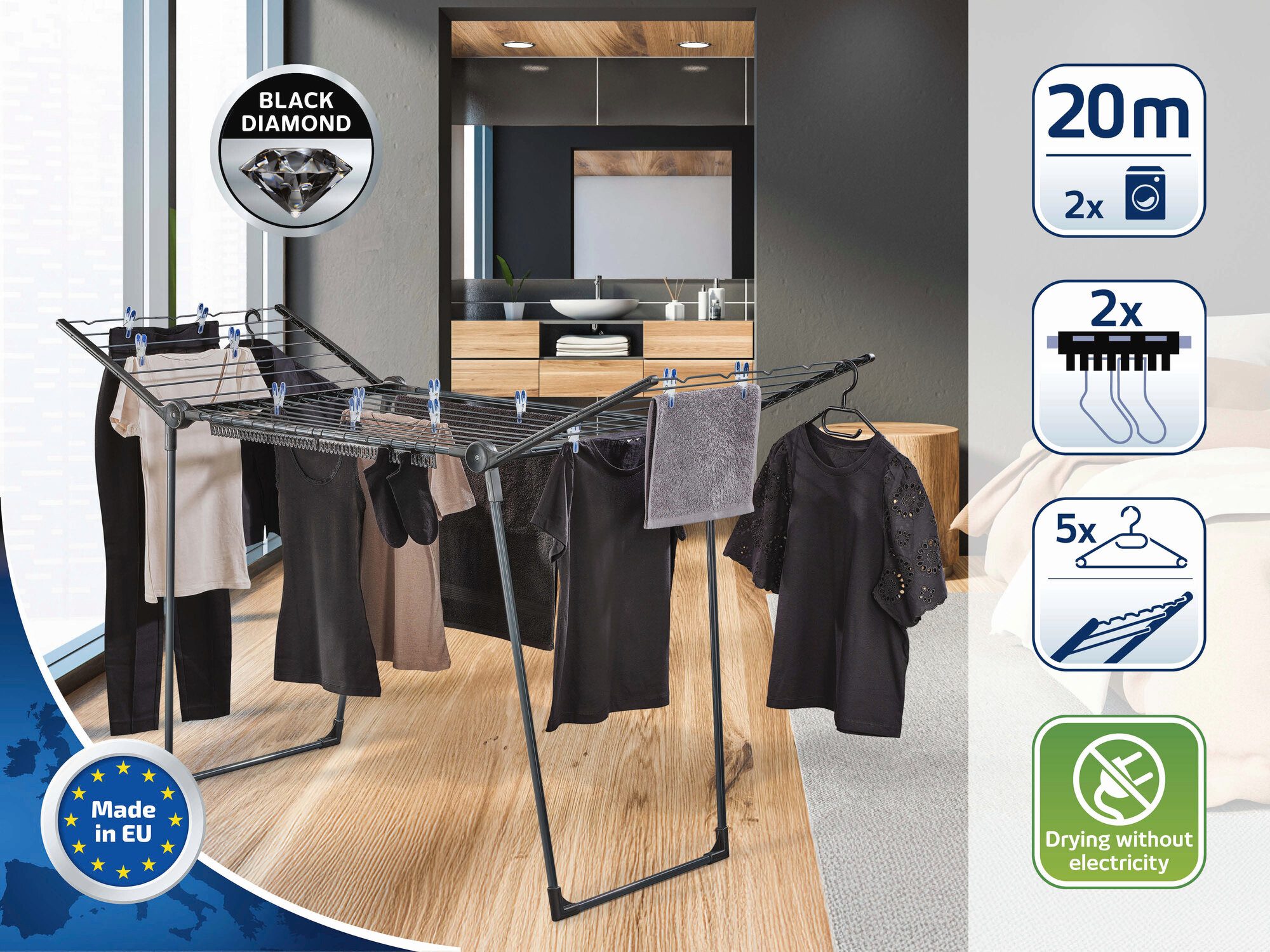 Leifheit Wäscheständer Standtrockner Pegasus 200 Solid Black, 20m Trockenlä günstig online kaufen