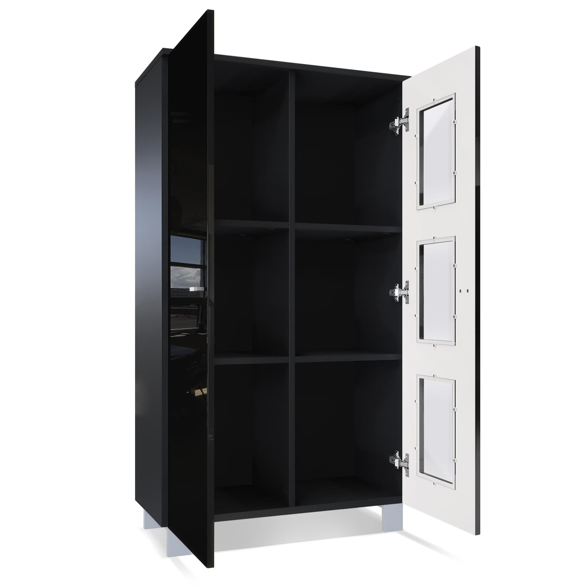 Vladon Standvitrine Denjo (Standvitrine, mit 2 Türen und 3 Glaseinsätzen) Schwarz matt/ Schwarz Hochglanz/ Sandgrau Hochglanz (71 x 129 x 35 cm)