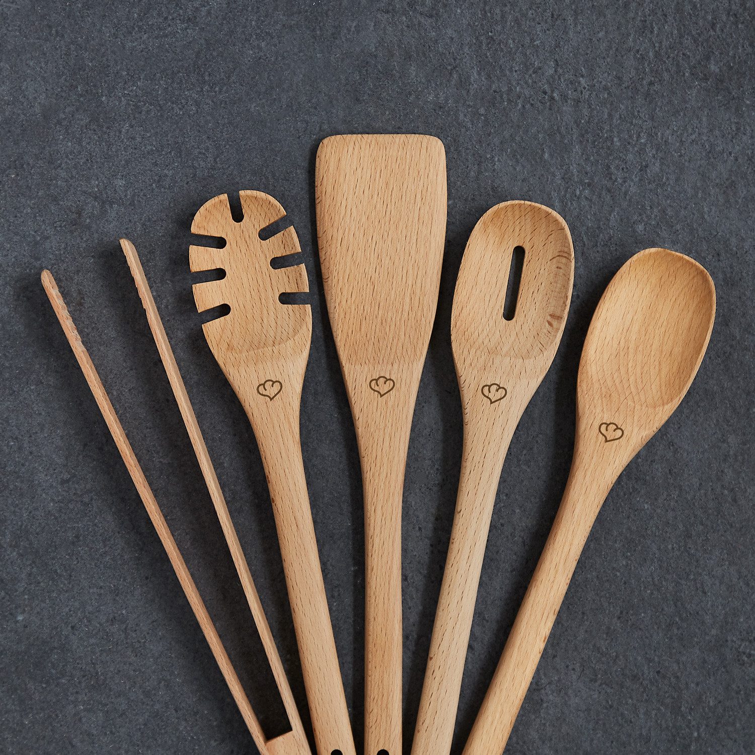 Springlane Kochbesteck-Set aus Buchenholz, inkl. Betonhalter (6-tlg), antibakteriell, für Anithaft-Beschichtungen geeignet
