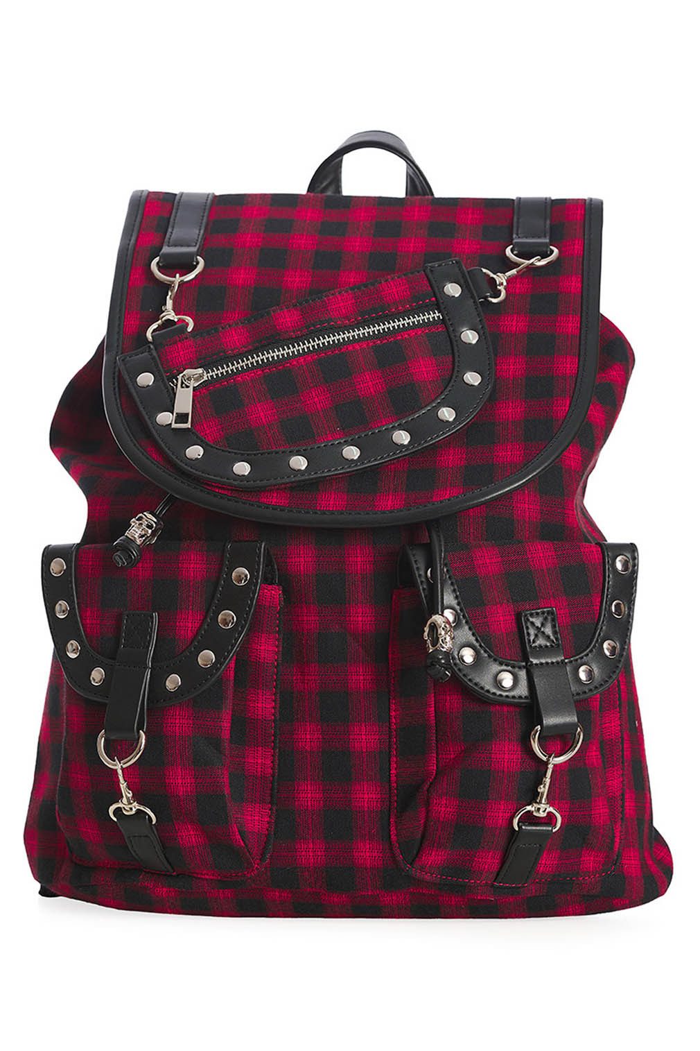 Banned Rucksack Yami Kariert Rot, Backpack Nieten Punk Gothic