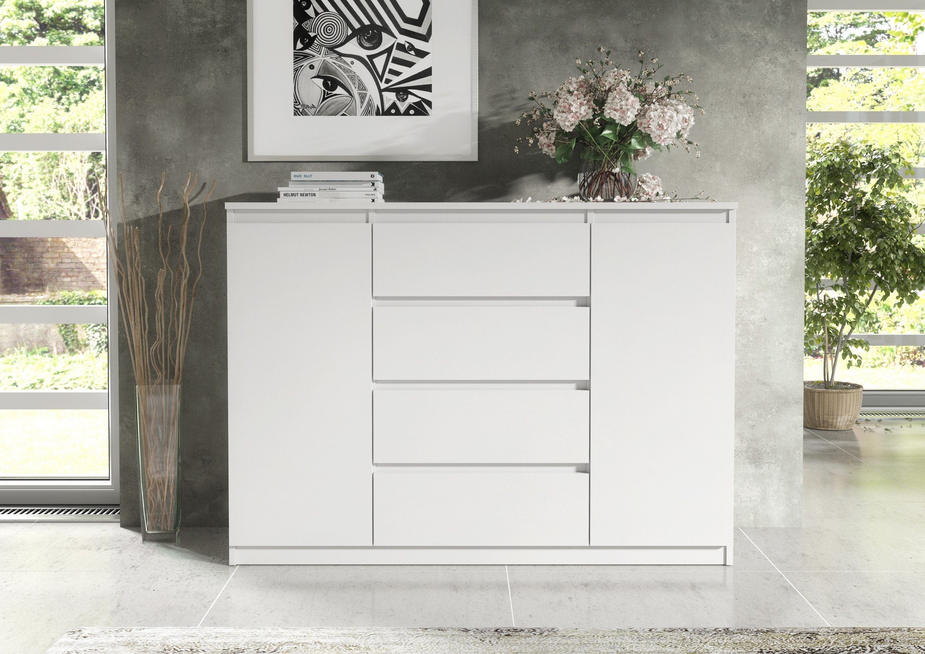Raumhirsch Furniture Kommode, Sideboard, Kommode für das Schlafzimmer - Wohnzimmer (Maße: 120 × 39 × 101,5 cm, 2 Türen, 4 Schubladen, Rollenschienen), viele Farbvarianten - Hochwertig & stabil