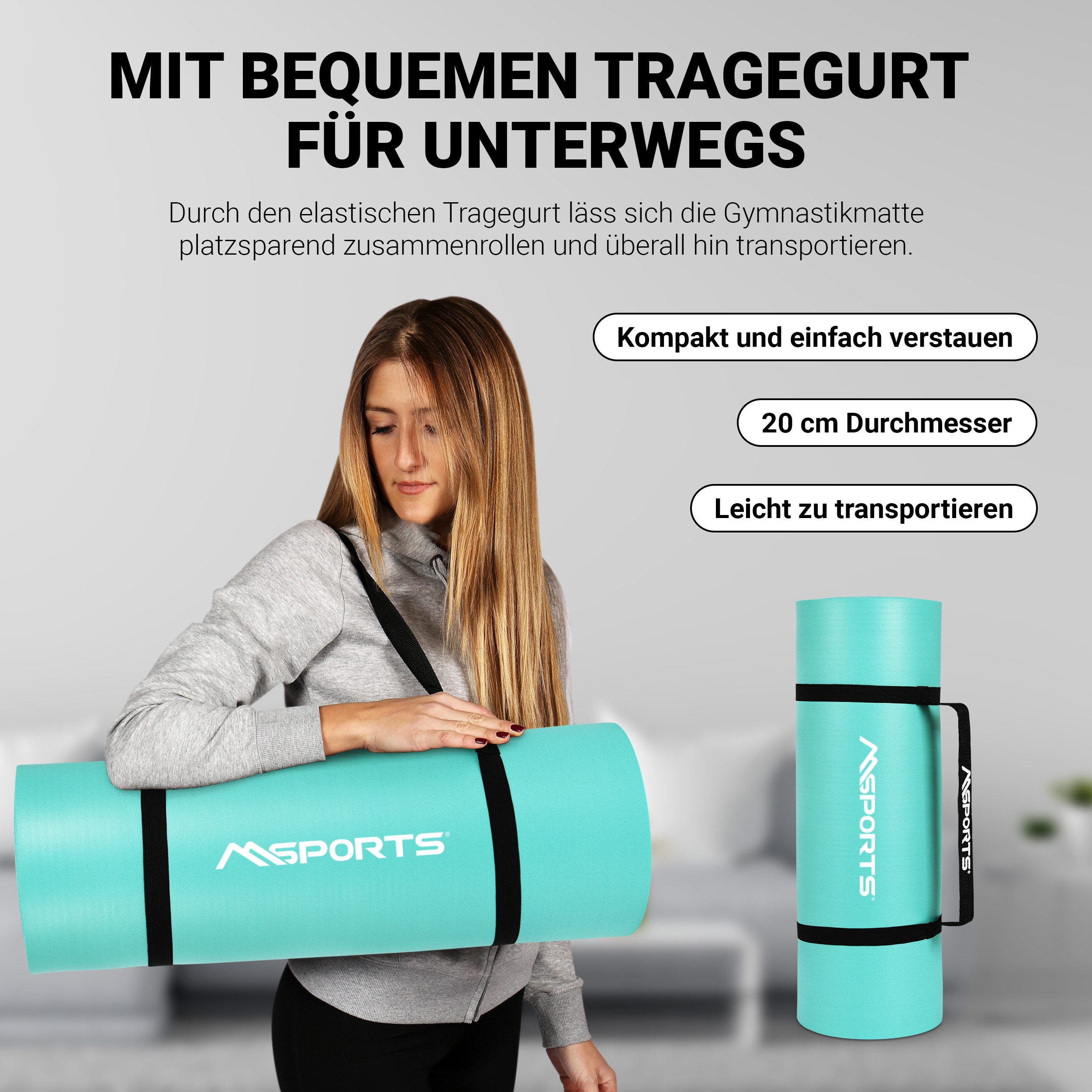 MSports® Gymnastikmatte Yogamatte inkl. Tragegurt + Poster + Workout App