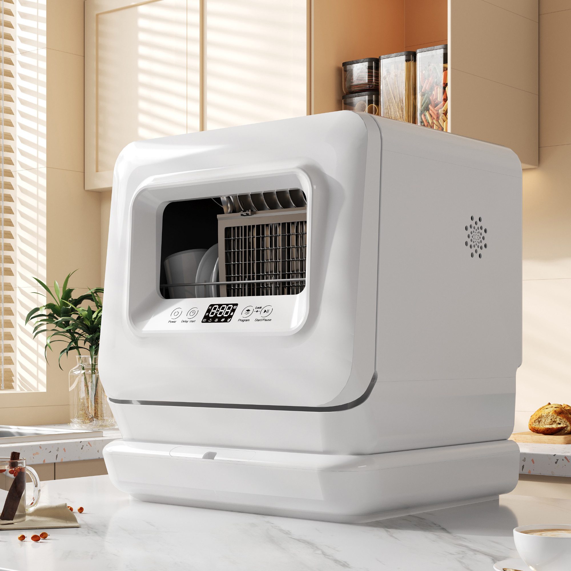 Merax Tischgeschirrspüler WQP4-6204, 5,7 l, 3 Maßgedecke, mit Wasserenthärter, mit/ohne Wasseranschluss, Startzeitvorwahl