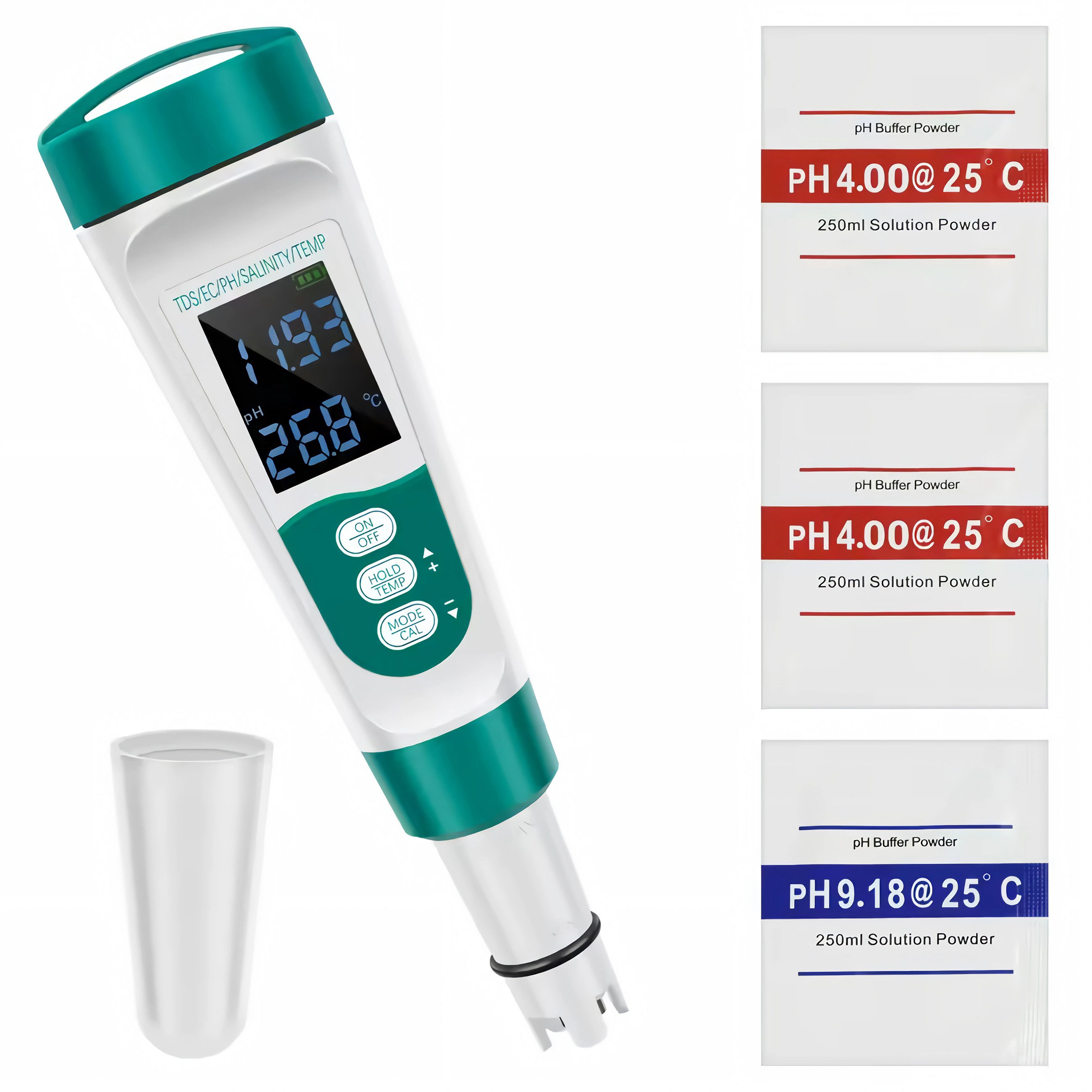 Bolwins Trinkwassertest E46C 5in1 Wassertester für Pool & Aquarium – pH TDS EC Salz Temperatur, 5 Messparameter, Einzelartikel, 2-tlg., 1× E46C 5-in-1 digitaler Wassertester, 5-in-1 Messung, pH, TDS, EC, Salzgehalt, Temperatur, beleuchtet