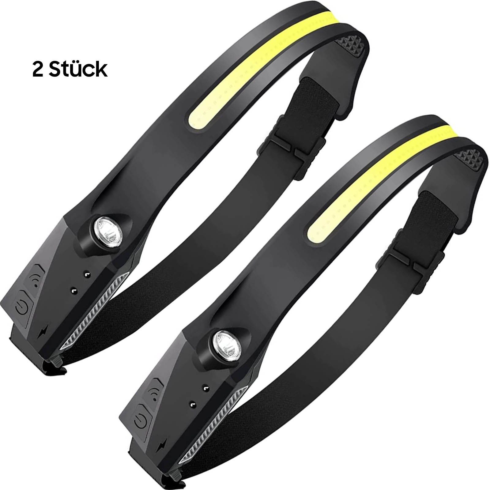 Aoucheni Stirnlampe Lumen, Stück Sensor, 1000 Outdoor-Sport, (2-Pack, Lichtarten, 6 tragbar LED-Leuchte Nachtlauf, Stirnlampe, Camping), Wasserdicht, 2 Nachtangeln, mit wiederaufladbare