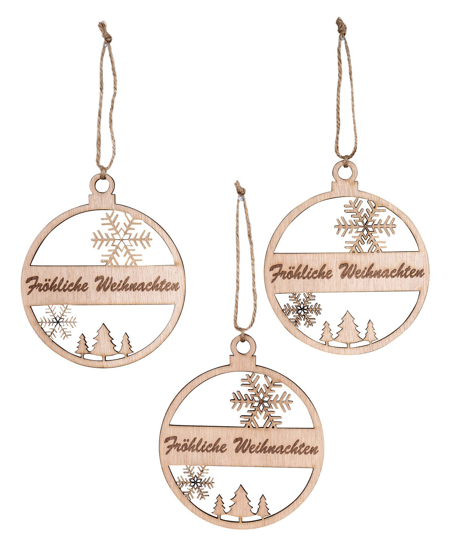 Levandeo® Christbaumschmuck, 3er Set Deko-Anhänger Fröhliche Weihnachten Holz Birkenholz