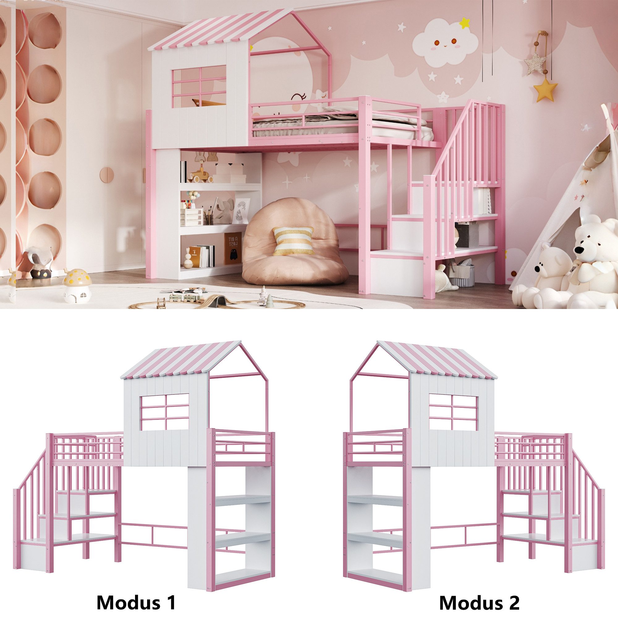 REDOM Hochbett mit Hausdesign, Schutzgitter und Stauraumregal (Montierbare Treppe für sicheren Zugang, Jugendbett Metallbett, 90x200 cm) ohne Matratze