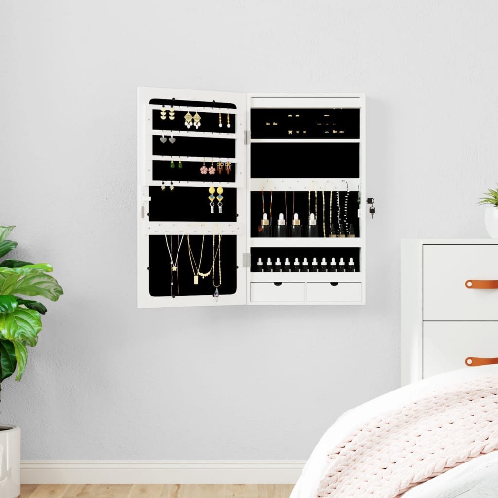 Schmuckkasten Spiegel-Schmuckschrank mit LED-Beleuchtung Wandmontage Weiß 37,5x67cm