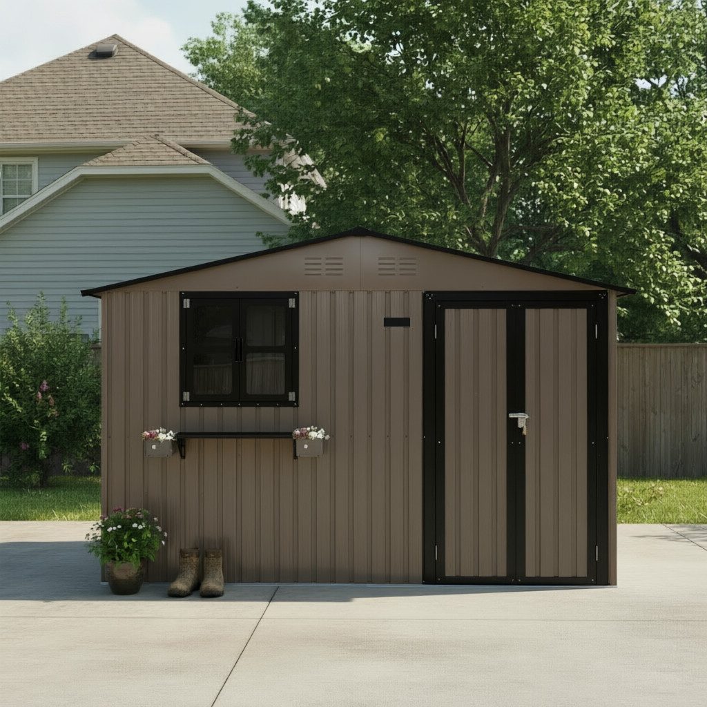 BBWL Gerätehaus 7,19 m² mit Doppeltüren, 2 öffenbare Fenster, Blumenregal, BxT: 313.1x255.4 cm, Außengeräteschuppen wasserdicht, robust für Garten Terrasse Hinterhof