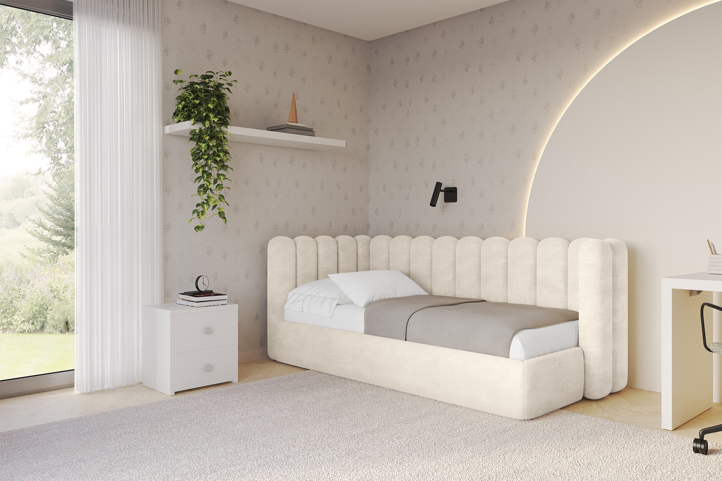 ALTDECOR Jugendbett HUGY (Jugendbett mit Bettkasten und Lattenrost, Polsterbett mit Matratze), Einzelbett mit Stauraum, Bett mit Kopfteil