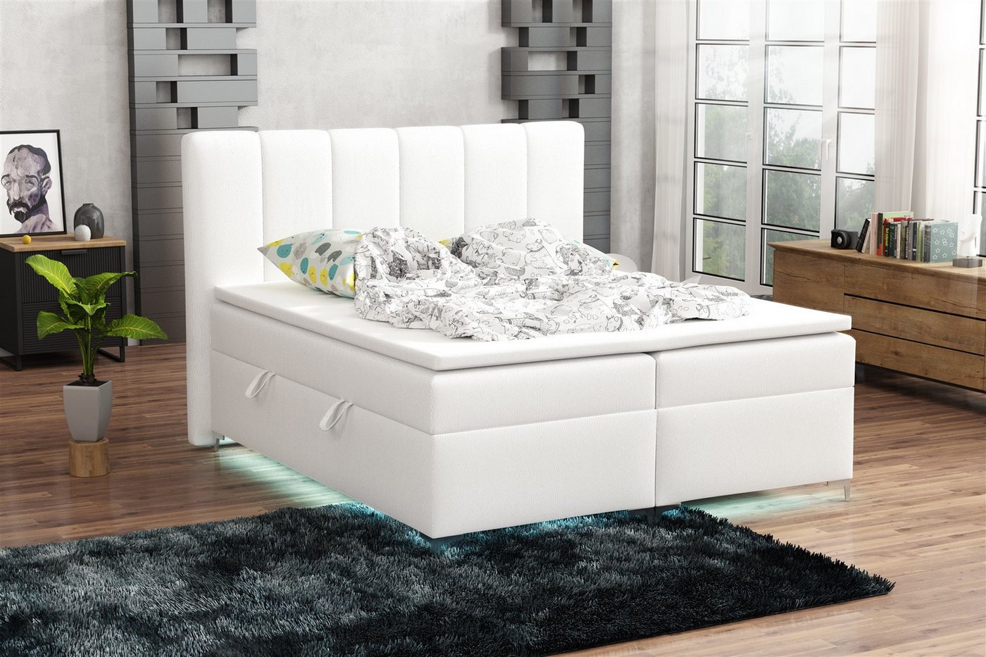 Fun Möbel Boxbett Bett Schlafzimmerbett ANGEL in Kunstleder inkl. LED-Beleuchtung (Bettkasten Beleuchtet, inkl. Fernbedienung für die LED-Beleuchtung), Inkl. Topper und Bettkasten