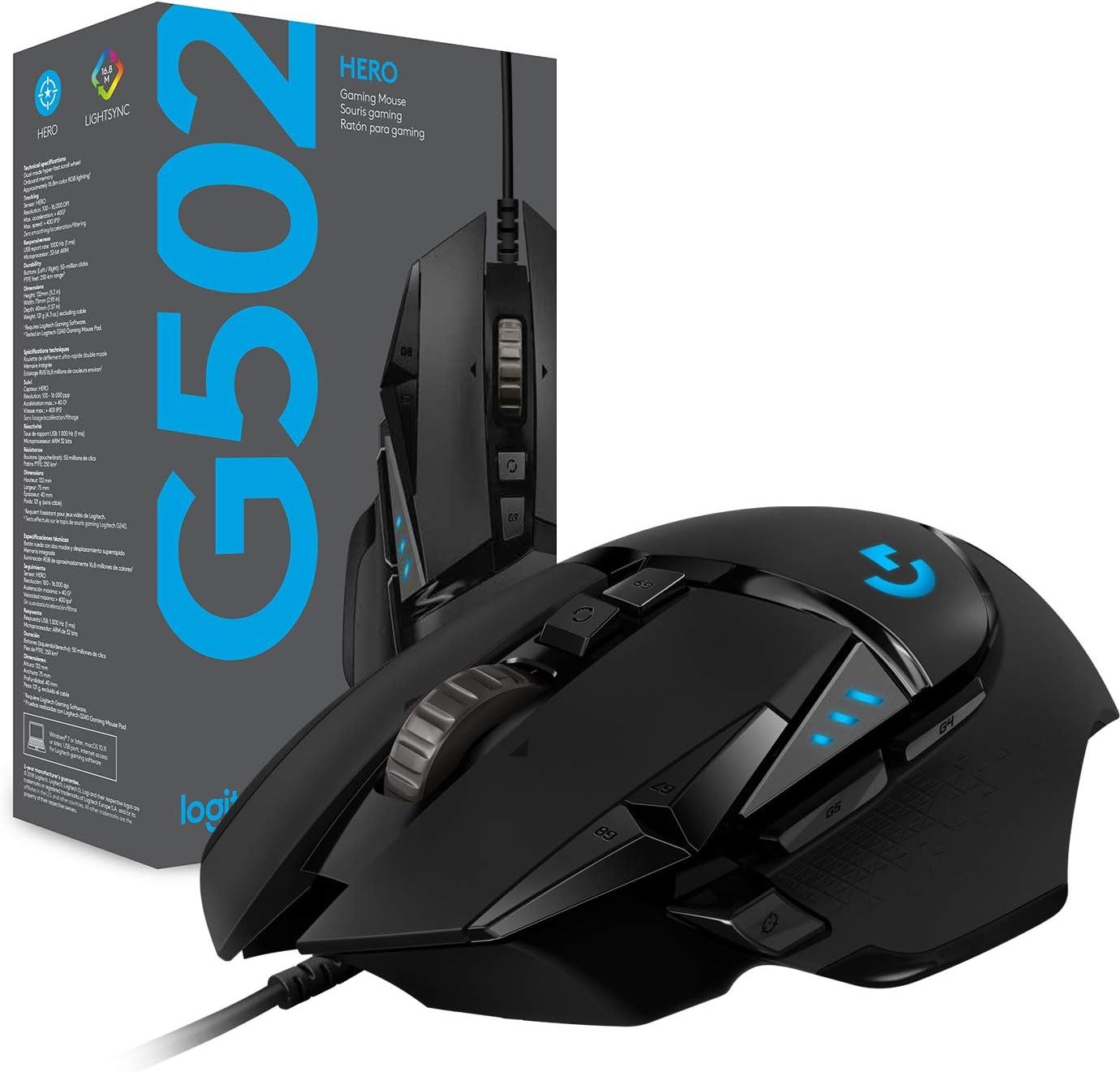 Logitech G G502 HERO Gaming Maus mit HERO Sensor, RGB, 16,000 DPI Gaming-Maus (kabelgebunden, 11 programmierbare Tasten, 400 IPS, Kabelgebunden)