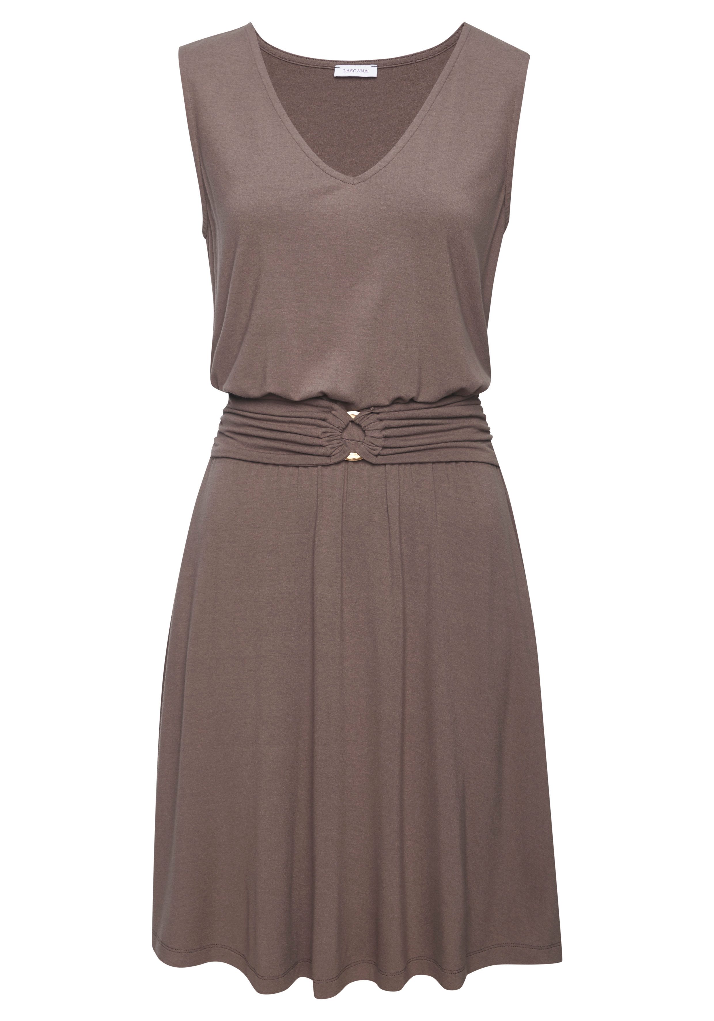 LASCANA Jerseykleid mit schwingendem Rock und goldenem Zieraccessoire ärmelloses Sommerkleid mit breiten Trägern und V-Ausschnitt. € 34,99