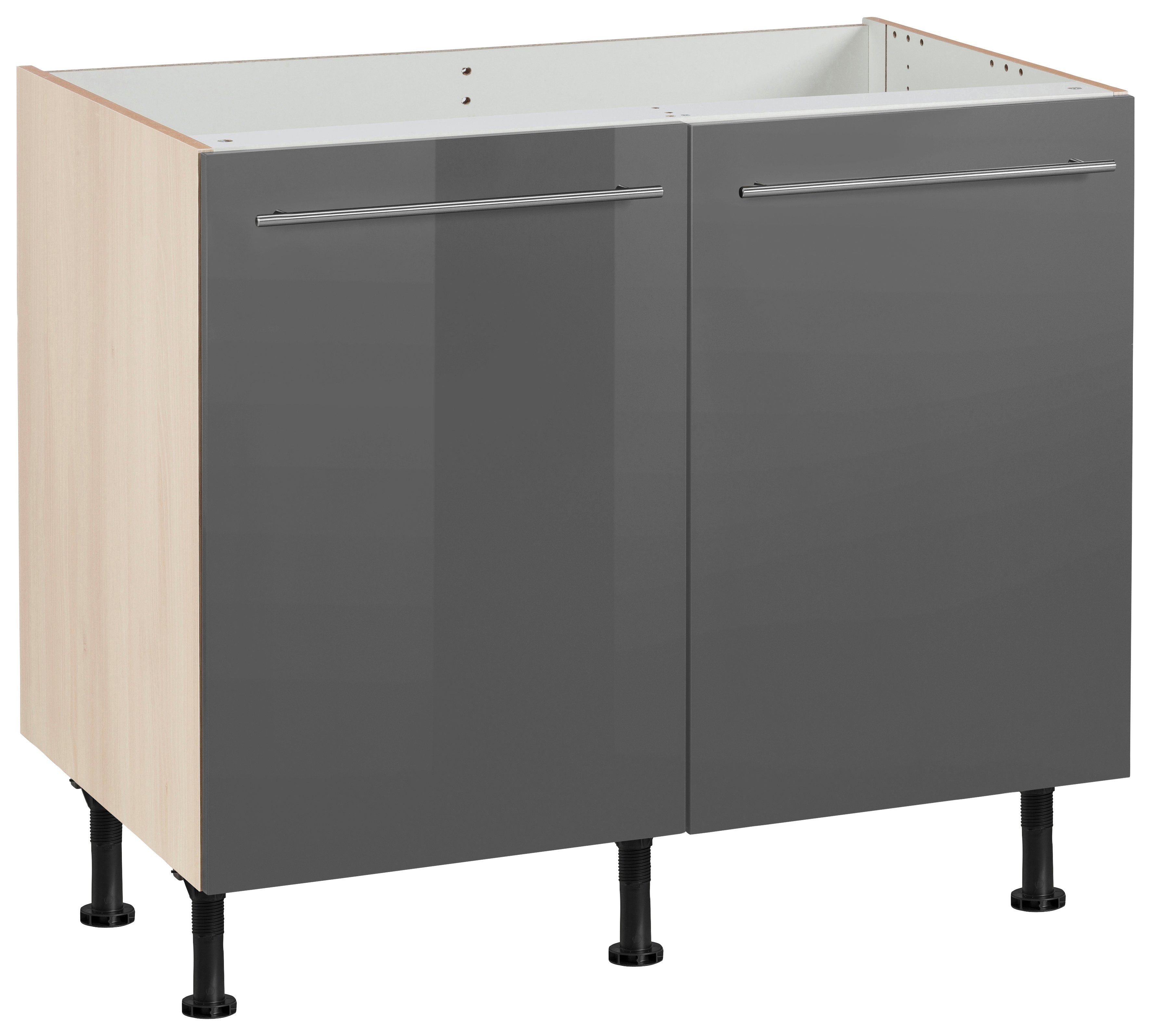 OPTIFIT Spülenschrank Bern 100 cm breit, mit 2 Türen, höhenverstellbare Füße, mit Metallgriffen grau Hochglanz/akaziefarben | akaziefarben