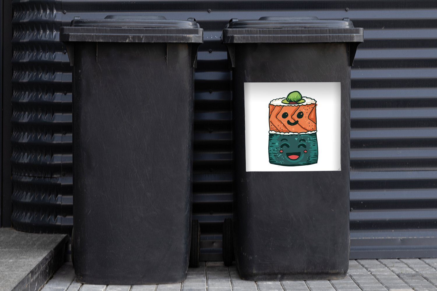 MuchoWow Container, (1 St), Abfalbehälter Wandsticker Sticker, Mülleimer-aufkleber, weißem Mülltonne, Sushi-Illustration vor Hintergrund