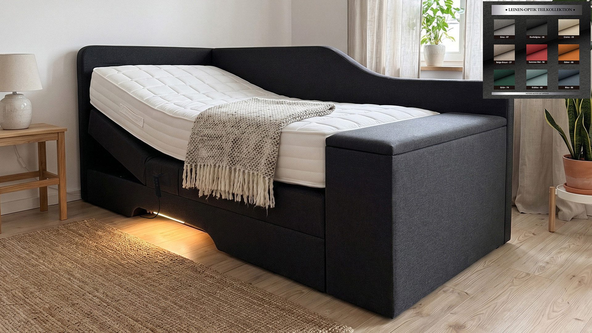 PAARA Boxspringbett elektrisch verstellbar mit LED und Truhe inkl. Matratze, mit einzigartigem Belüftungssystem