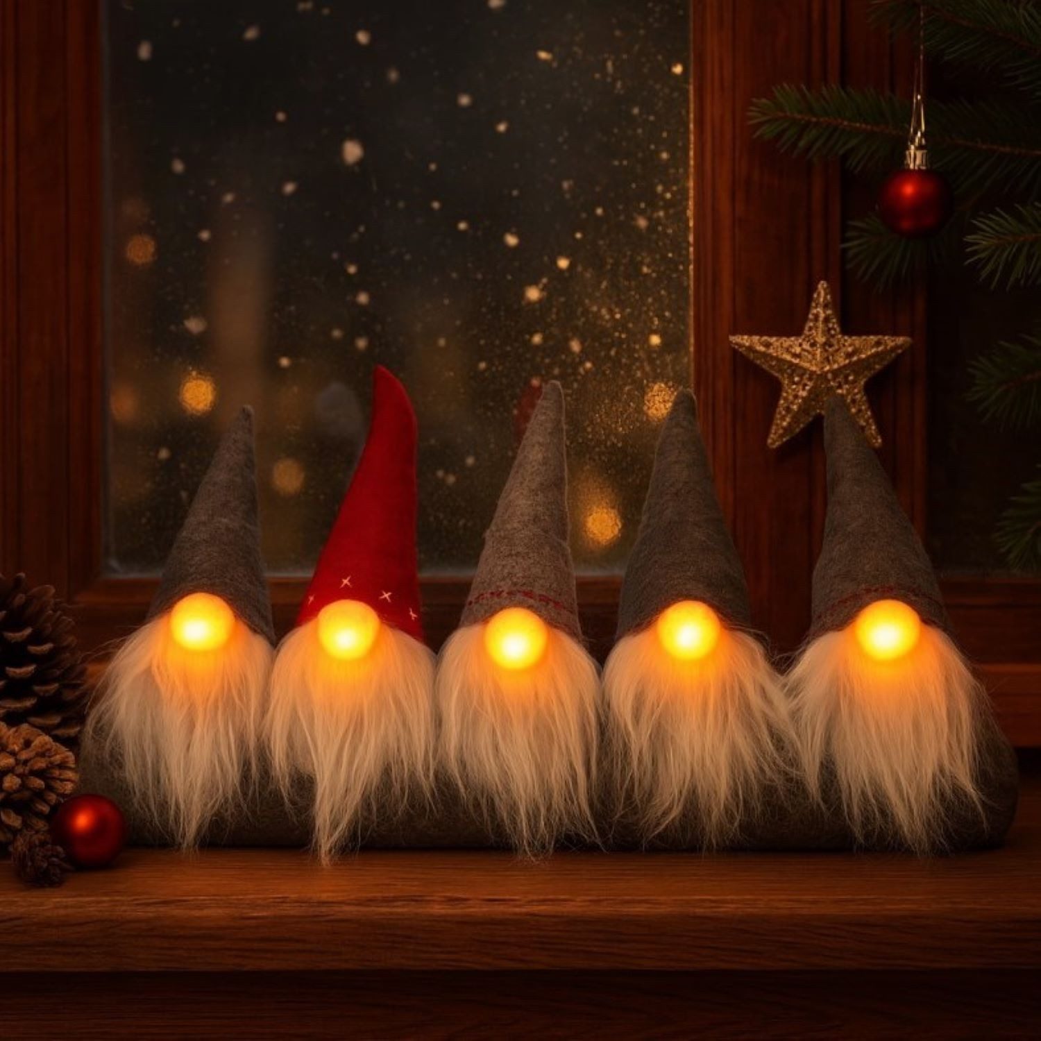Online-Fuchs Wichtel Set auf Filzrolle, 5er Parade mit leuchtender LED Nase, Weihnachtsdeko (60 cm breit, Deko für Fensterbank & Sideboard), inklusive praktischer 6-Stunden Timerfunktion