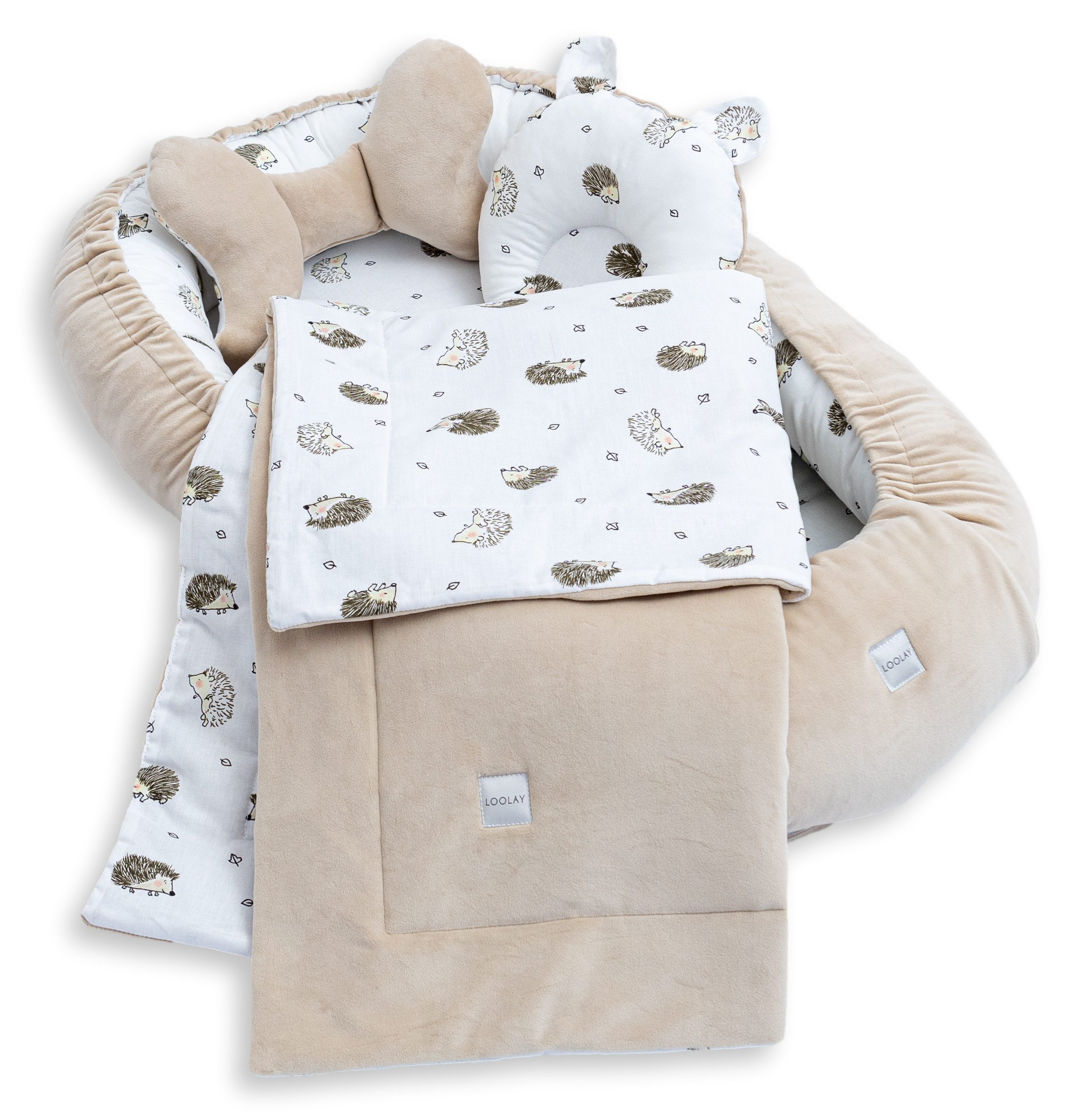 Loolay Kuschelnest BABYNEST 5 TLG. Set PREMIUM Babyausstattung Baumwolle & Samt Velours, (MUSTER: BEIGE Samt Velour/ Igel Braun, 5-tlg., Liebevoll handgefertigt Nestchen! Geborgenheit Komfort für Neugeborene), Premium Ausstattung - 100% Europäische Stoffe und Kleinserien-Nähen!