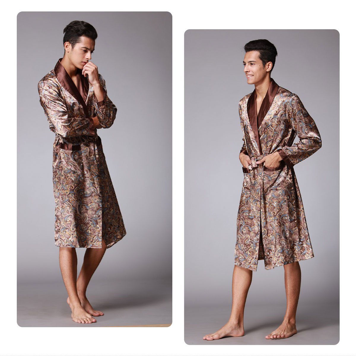 Vivi Idee Morgenmantel Herren Schlafmantel Bademantel kimono lang leicht satin Sauna