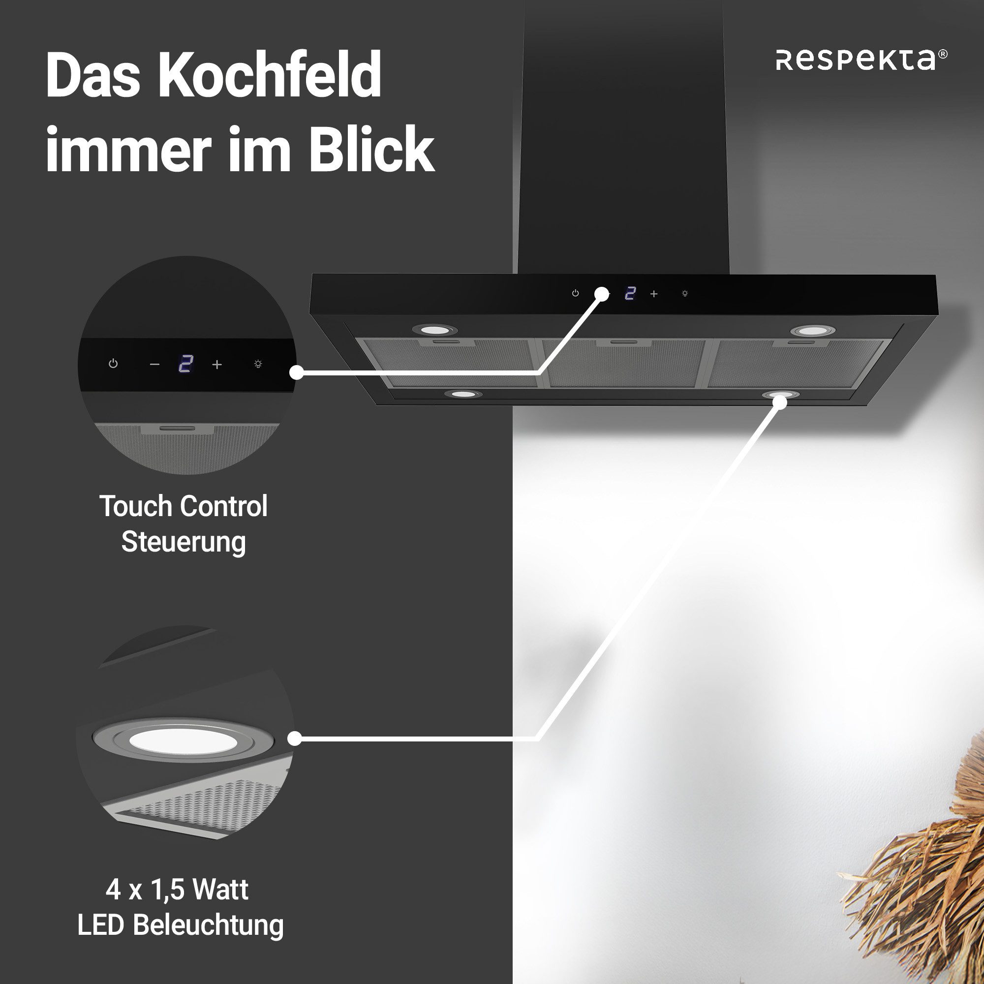RESPEKTA Inselhaube Cara Cara, EEK: A+, 9 Leistungsstufen, LED Beleuchtung, AB- und Umluftfähig