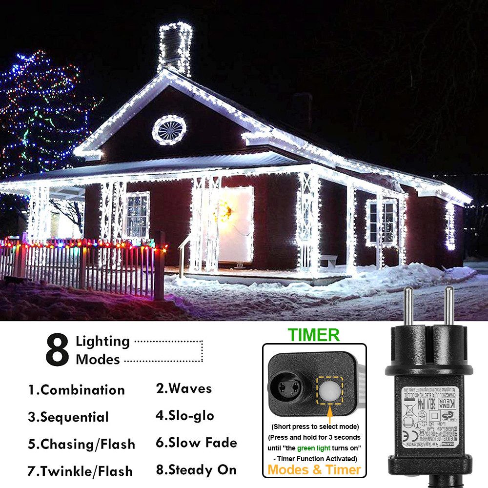 Rosnek Lichterkette 20M/30M/50M/100M 31V DC LED-Lichterkette, Timer, Speicherfunktion, 8 Modi für Zuhause Garten Hof Hochzeit Weihnachtsfeier Feiertag