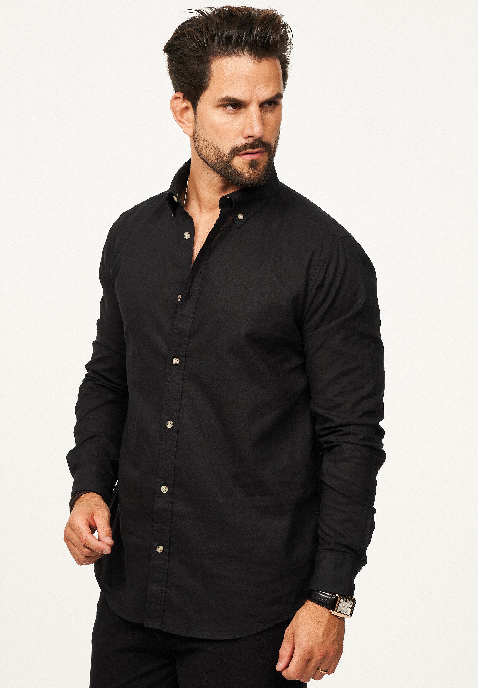 behype Langarmhemd aus Leinen im Regular-Fit Sommerhemd Herren Leinenhemd Freizeithemd mit Button-Down-Kragen