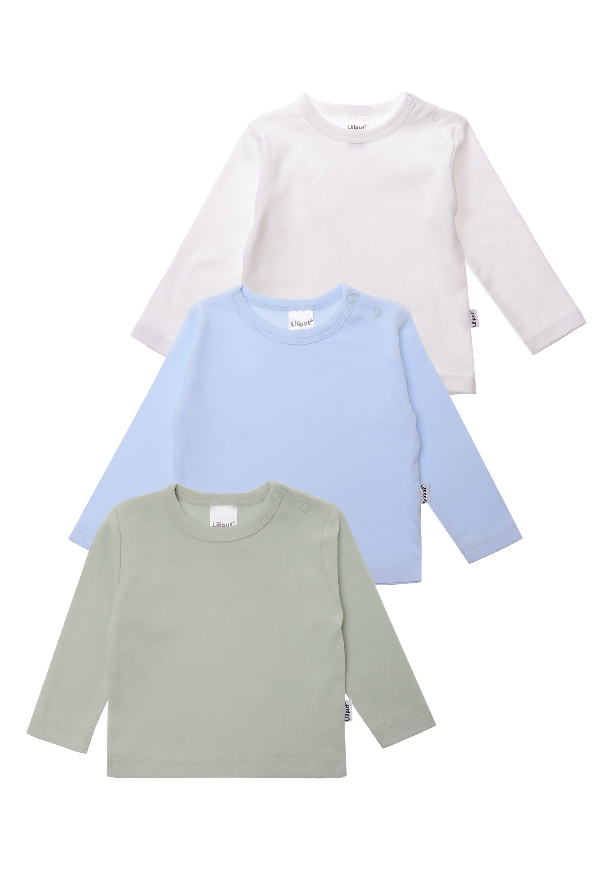 Liliput Langarmshirt weiß, schilf und hellblau mit Druckknöpfen auf der Schulter