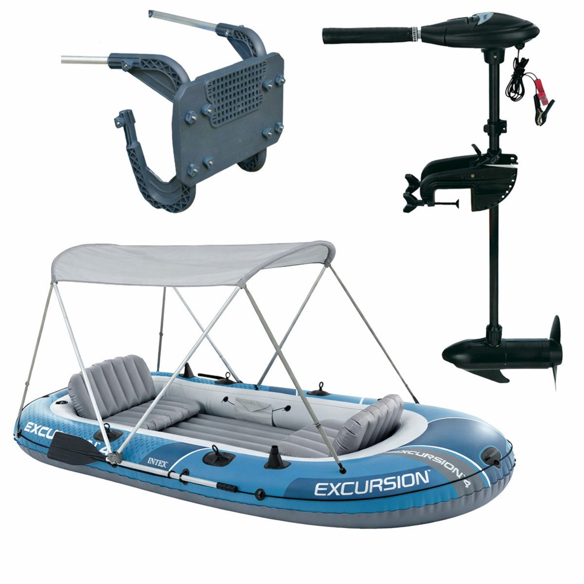 Intex Schlauchboot Excursion 4 Set, inkl. Außenbordmotor, Befestigung und Überdachung