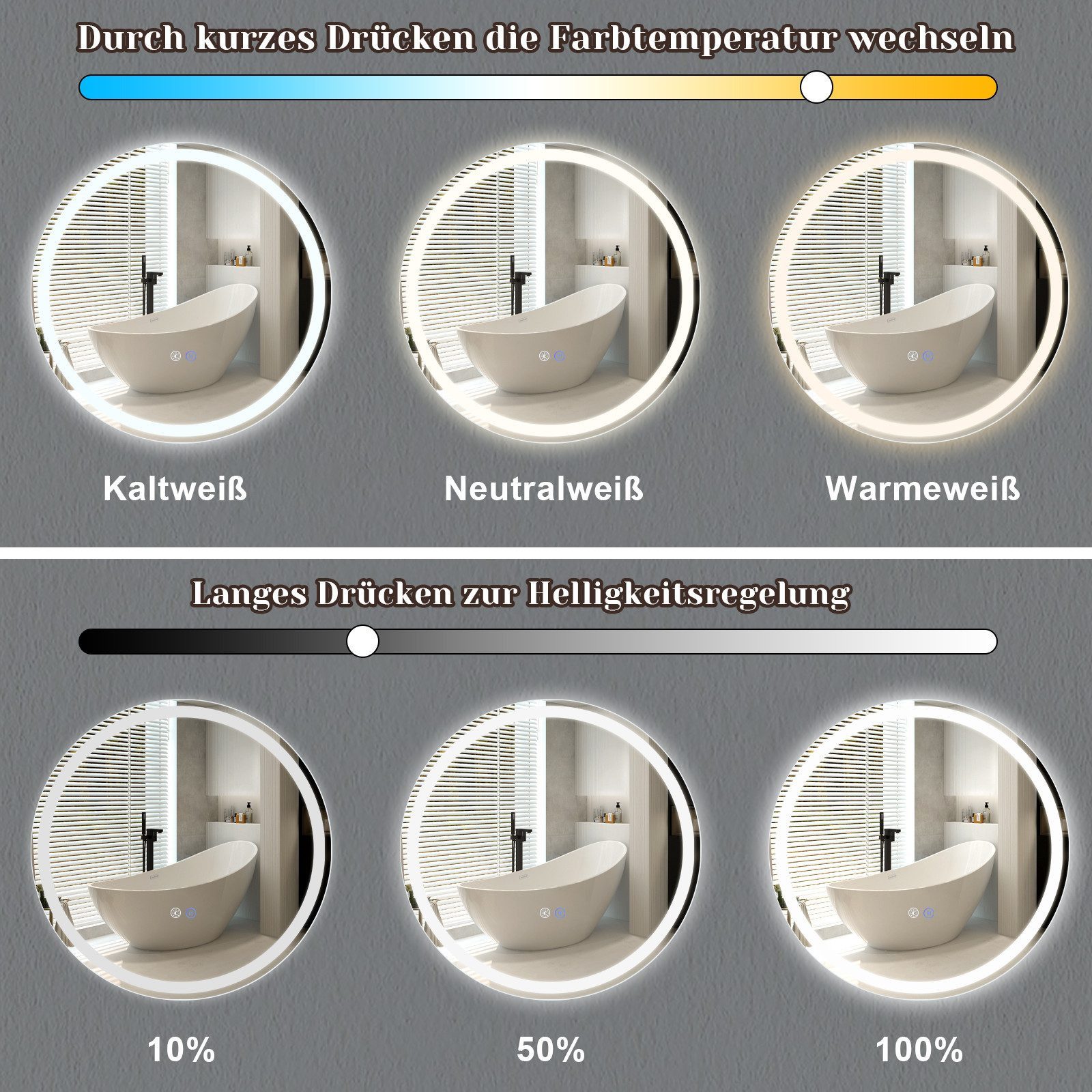 Nettlife Badspiegel Rund Touch Schalter und Entfogger Wandspiegel Beleuchtet 50/60/70/80cm, Dimmbar Memories Funktion Ideal für Badezimmer