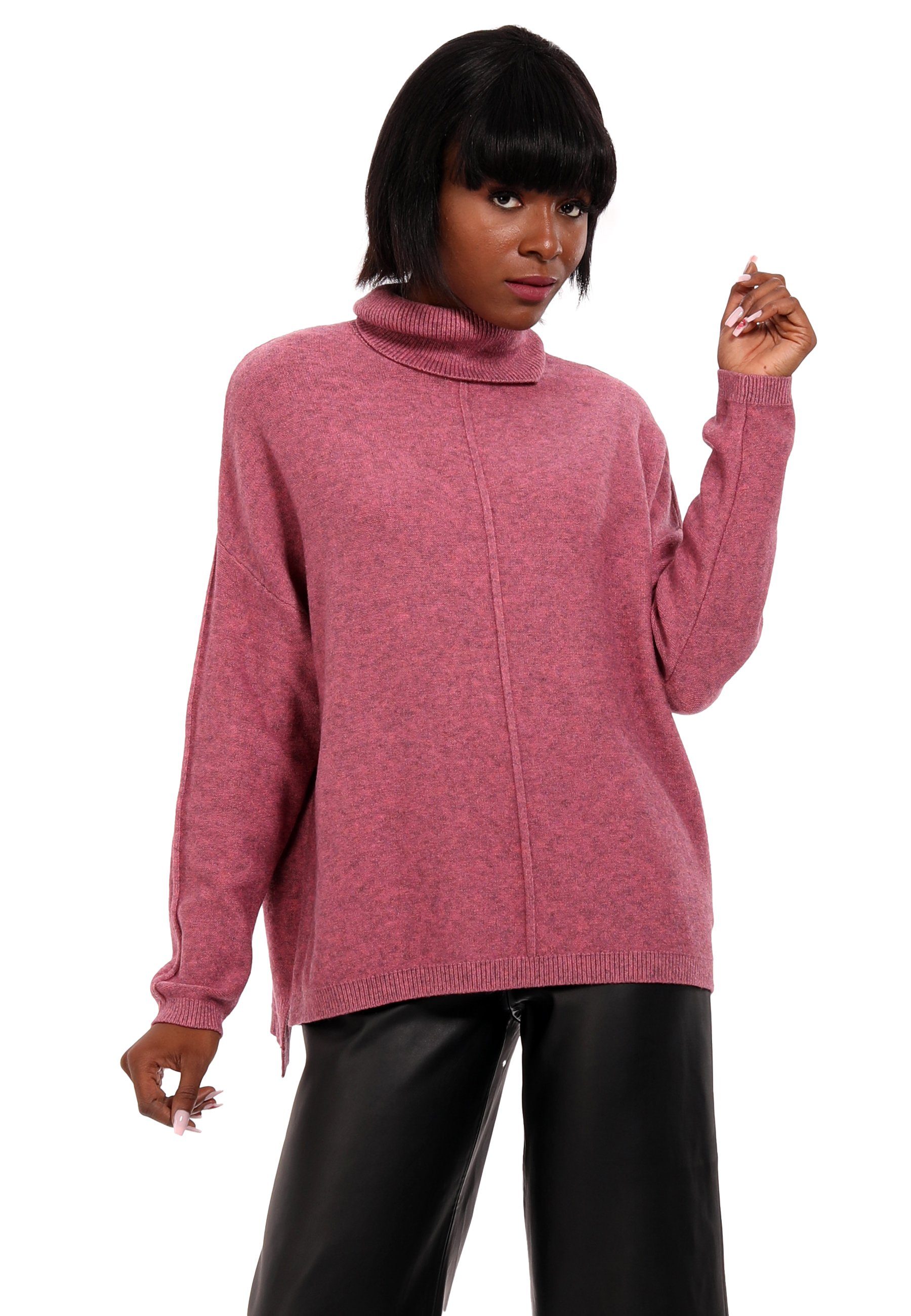 & (1-tlg) Fashion Style Size aus Rollkragenpullover Feinstrick Optik Oversized Pullover melierter in YC altrosa One