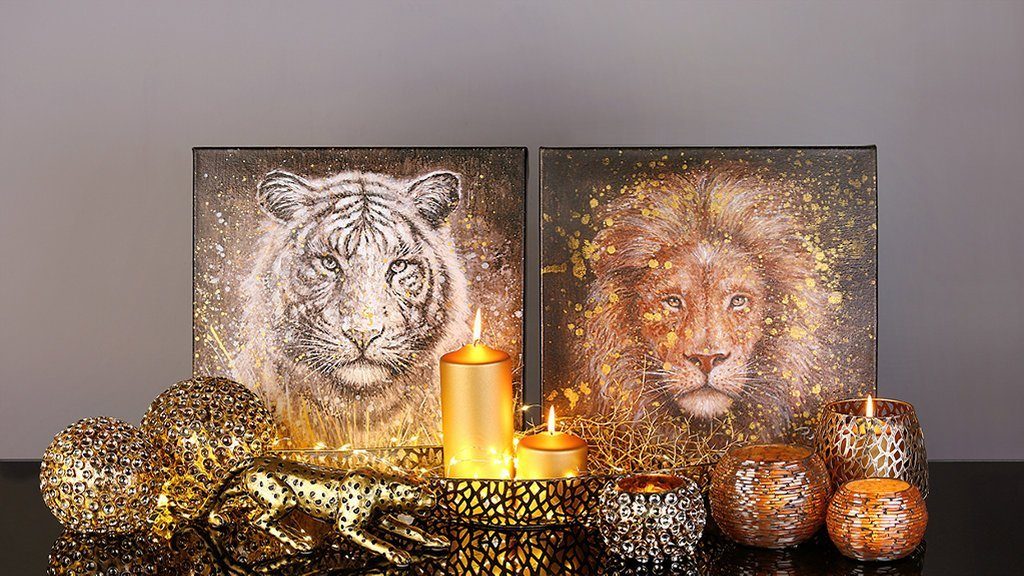 Tiger GILDE Auf Wildlife Leinwand 40x40cm 40x40cm Bilder (Set, und Tiger Gemälde gemalt Set Löwe 2 St), Löwe Leinwand,