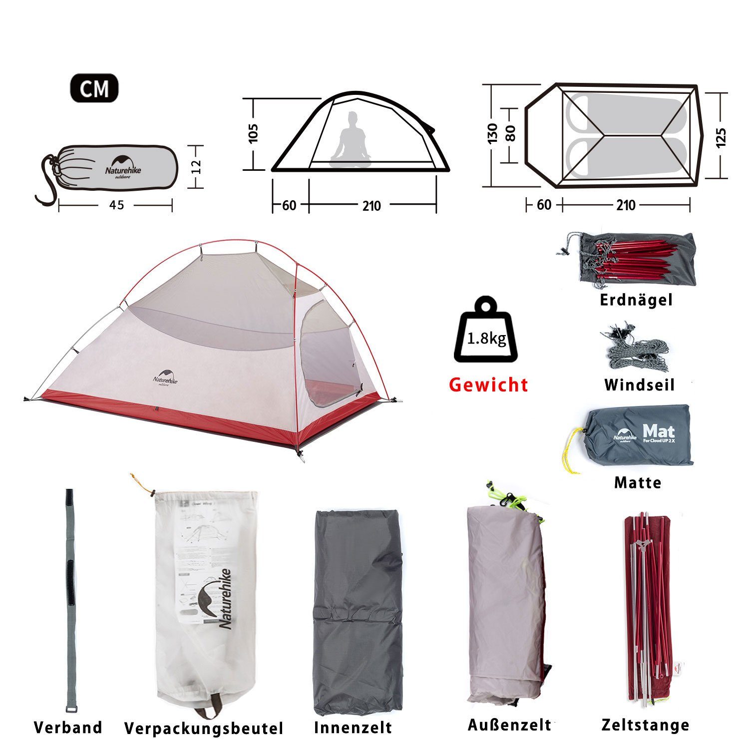 Kuppelzelt 2 Ultraleichtes Rucksackzelt, Personen: Leichtes Zelt Campingzelt Wasserdicht Hellgrau Naturehike