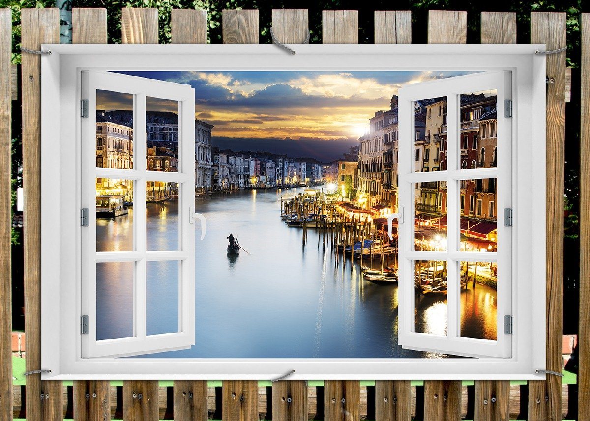 Thumbnail - Wallario Sichtschutzzaunmatten Canal Grande in Venedig am Abend mit untergehender Sonne, mit Fenster-Illusion