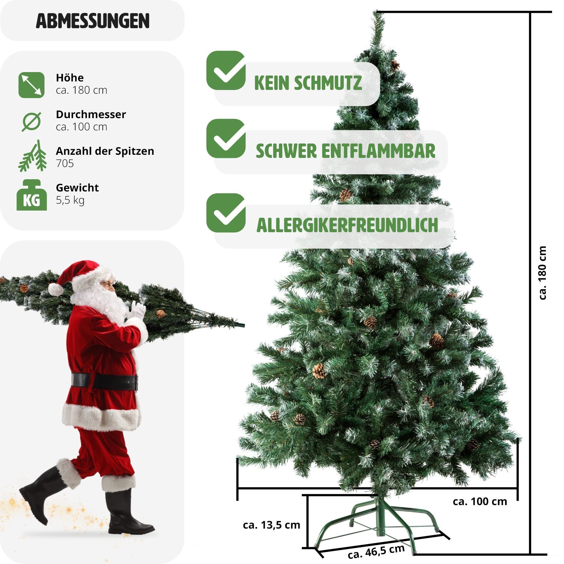 tectake Künstlicher Weihnachtsbaum Weihnachtsbaum mit grün, künstlich Baum 705 Zapfen Spitzen, mit und, Undekorierter/Unbeleuchteter Zapfen