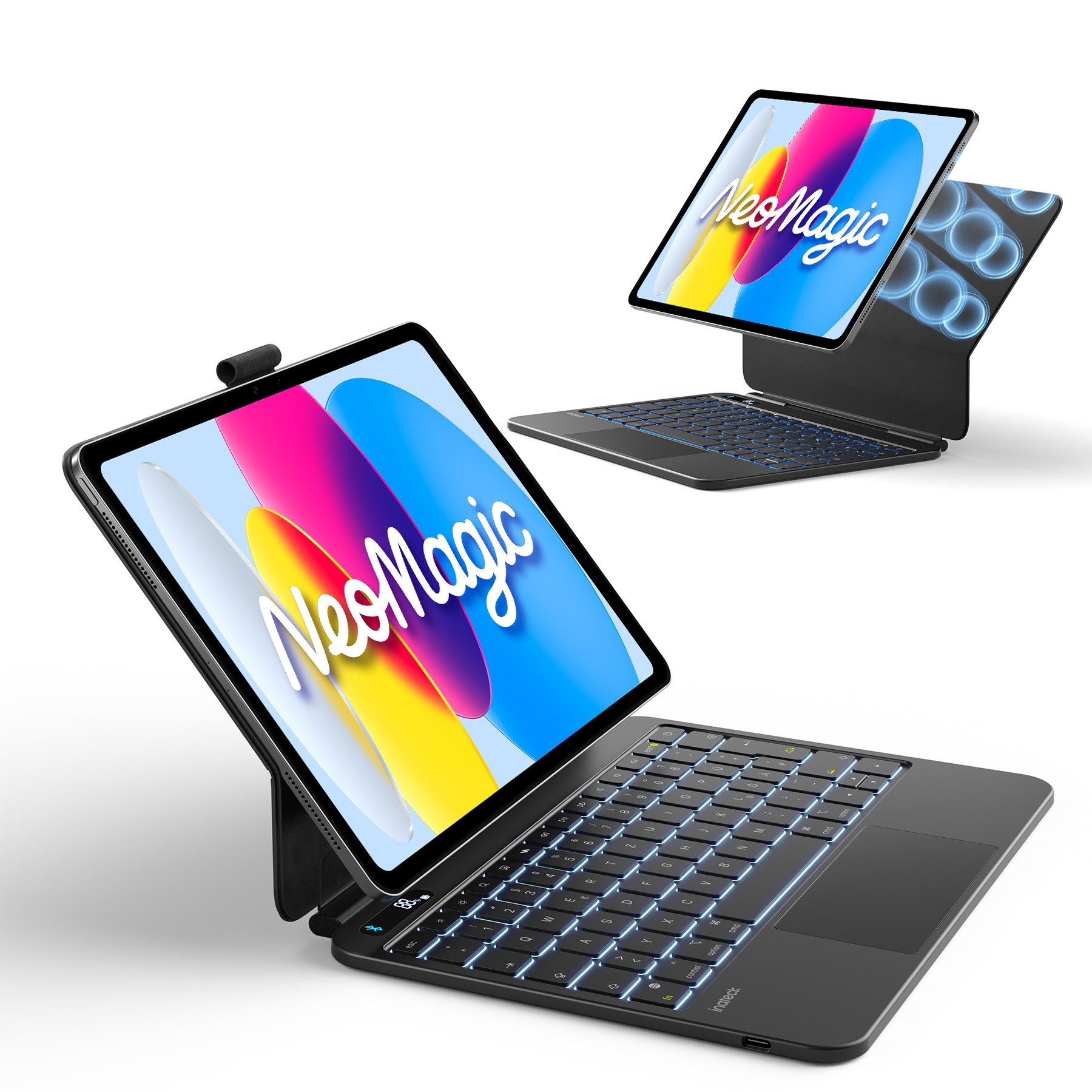 Inateck Magnetische Tastatur Hülle für iPad A16 11/10 Gen, Magic Keyboard iPad-Tastatur (Großes Trackpad,LED Anzeige,7 Farben Hinterleuchtet,mit Stifthalter)