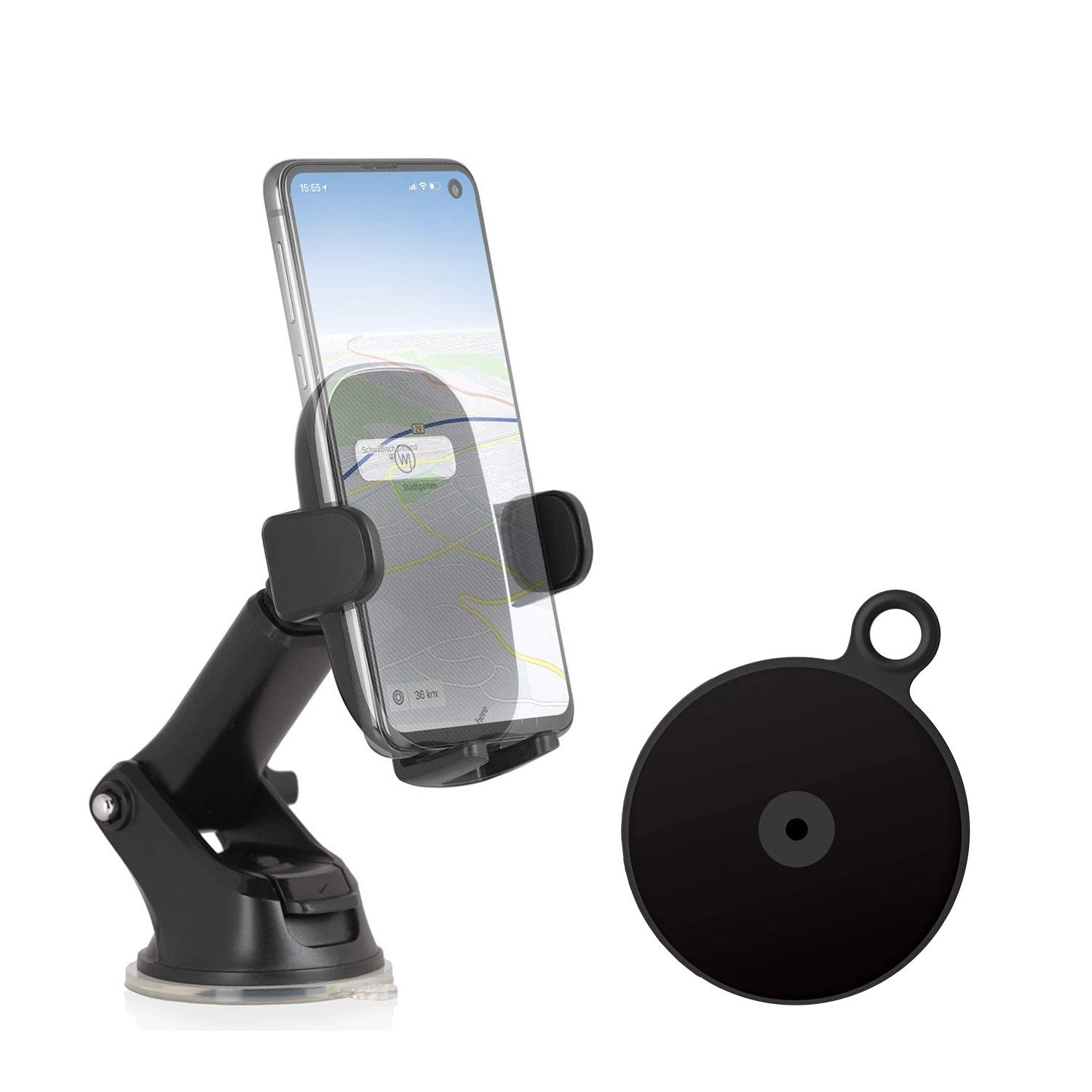 Wicked Chili Smartphone-Halterung KFZ Handyhalterung mit Saugnapf + Adapter Armaturenbrett Universal, (1er Set, 2-tlg., Auto Handyhalterung mit Teleskoparm von ca. 80 auf 126 mm erweiterbar)
