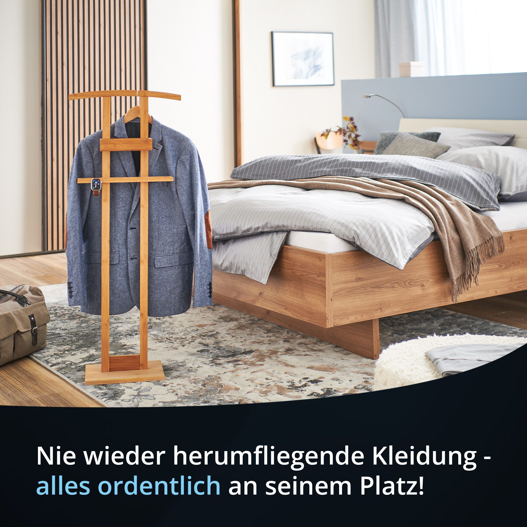 KHG Herrendiener aus Bambus Echtholz für Kleidung, (Stummer Diener, Sackohalter mit Hosenbügel sowie Accessoire-Fach) – Bild 5 von 5