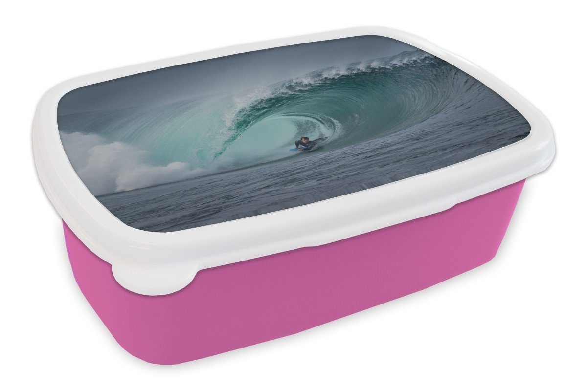 MuchoWow Lunchbox Surfer in großer Welle, Kunststoff, (2-tlg), Brotbox für Erwachsene, Brotdose Kinder, Snackbox, Mädchen, Kunststoff rosa
