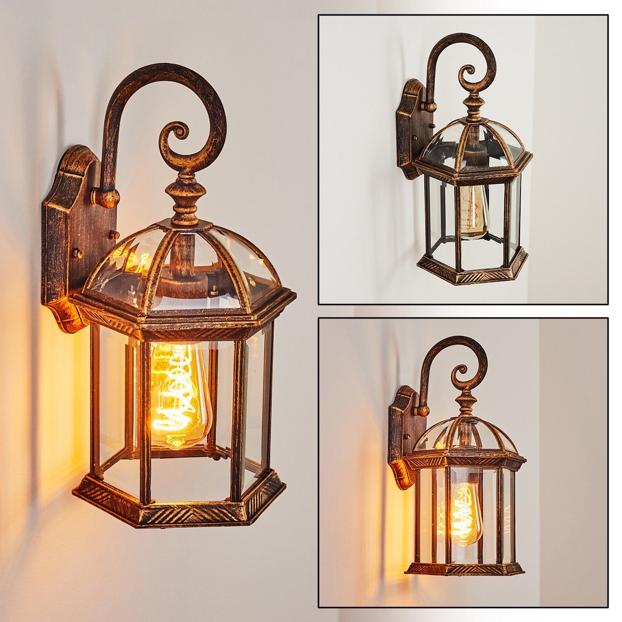 hofstein Außen-Wandleuchte »Martinengo« Außenleuchte aus Goldfarben/Schwarz/Klar, E27, Leuchtmittel, IP23 Design in im Wandlampe Metall/Glas Vintage ohne