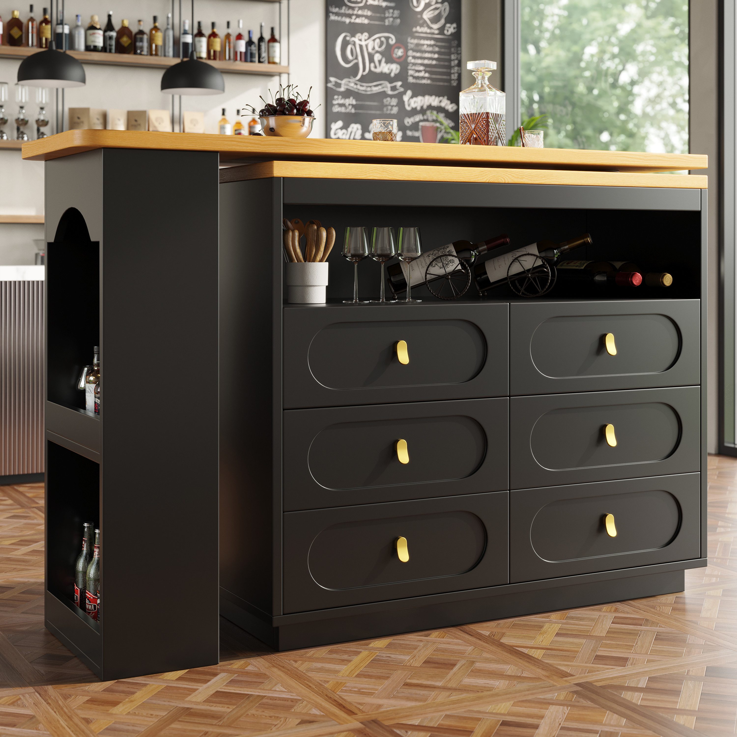 Odikalo Bartisch Sideboard 360° drehbar, mit 6 Schubladen (Hochwertiger Ausziehbarer Bartisch mit 360° Drehfunktion und Stauraum, Длинаnverstellbar von 138-203cm,Moderner Rollbarer Bar Tisch mit Schubladen für Küche, Wohnzimmer, Esszimmer, Homeoffice, Schwarz), Breite 39 cm