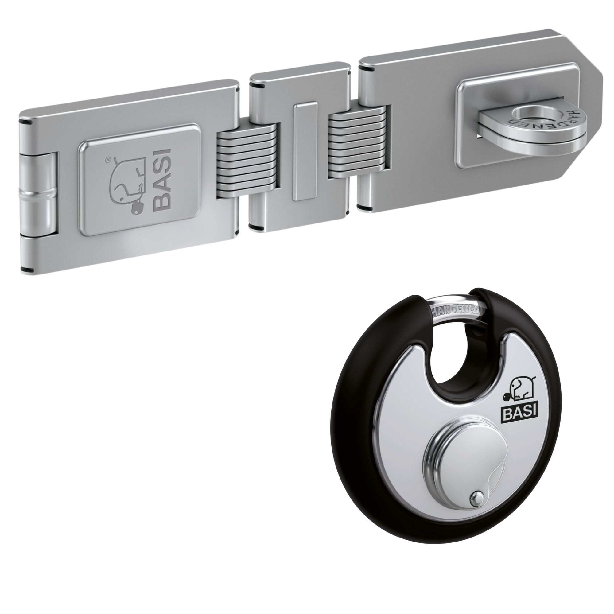 BASI Sicherheits-Stallriegel Sicherheitsüberfalle, Sicherheitsüberfalle 2 Gelenke - inkl. RVS 610W Vorhangschloss, (Spar-Set), witterungsfestes Rundbügelschloss, 2 Gelenke und Öse, Länge: 195 mm von Basi