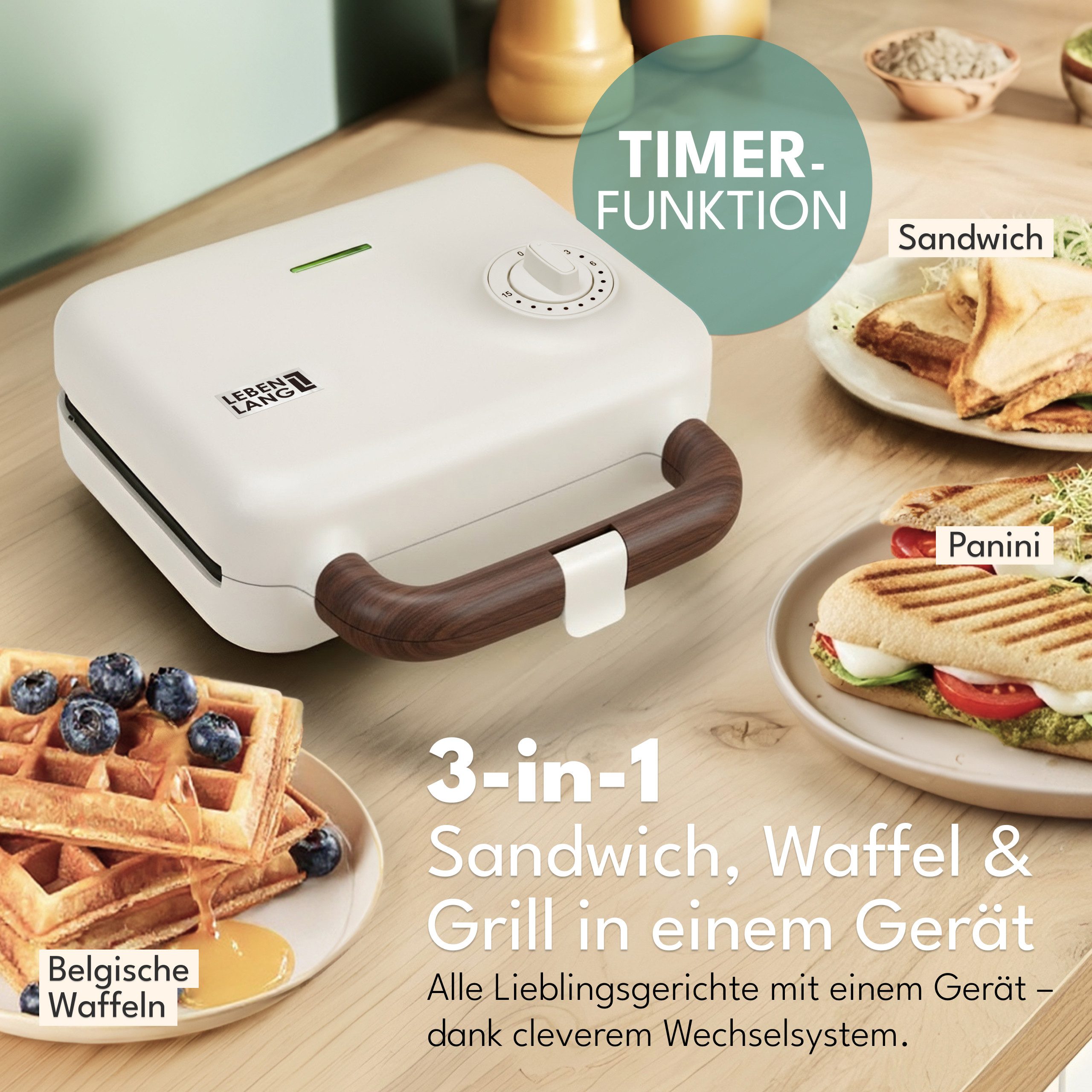 Lebenlang 3-in-1-Sandwichmaker Waffeleisen - Sandwichmaker - Kontaktgrill - Für Panini, Waffeln & Co., 750 W, 3in1 Kombi-Gerät, 15 Min. Timer, Hochwertiges Holzdesign