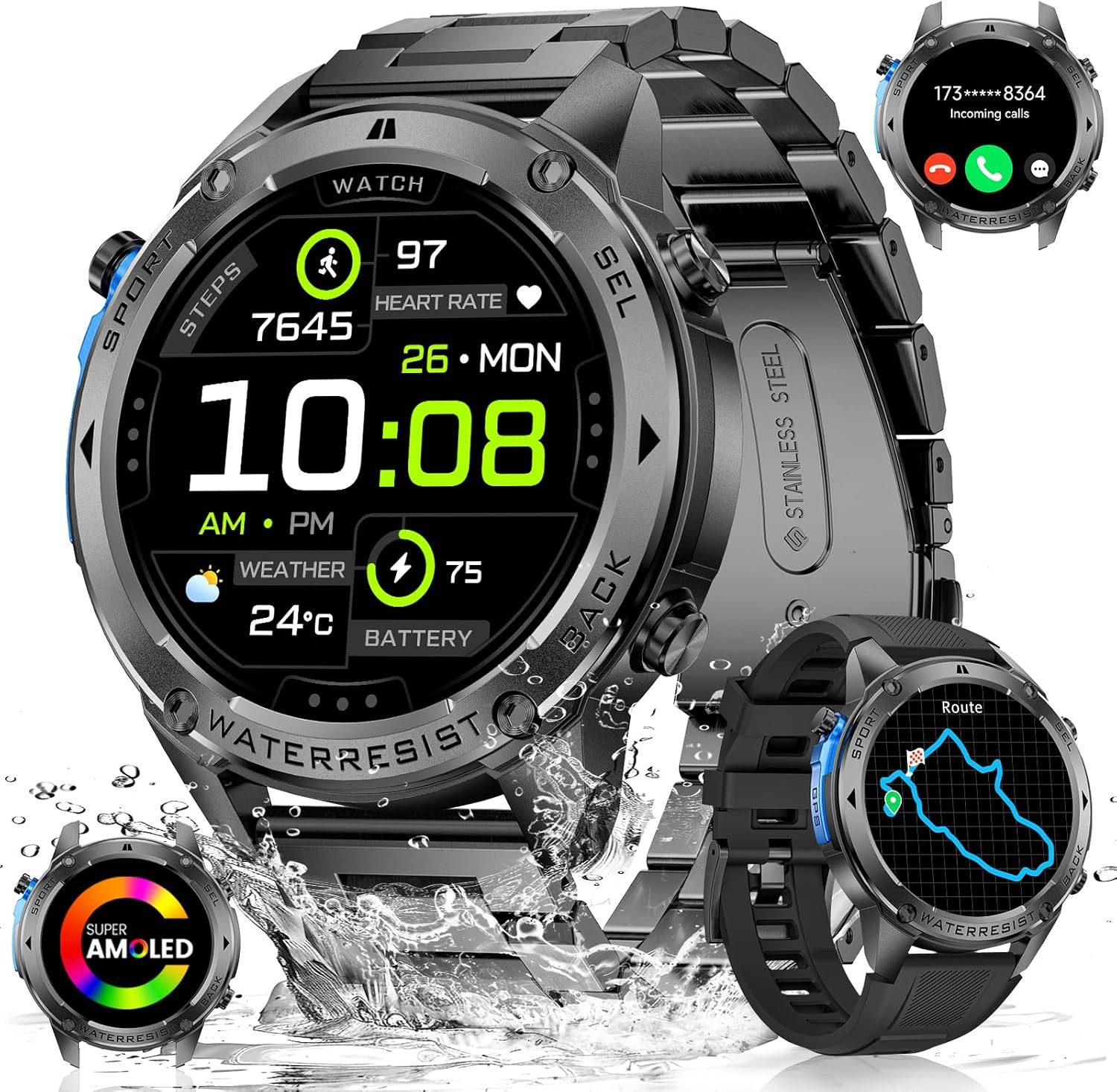 Lige DM2-G1-FR Smartwatch (3,6 cm, android ios), Herren Smartwatch mit 1.43" AMOLED Display, GPS, 170 Sportmodi
