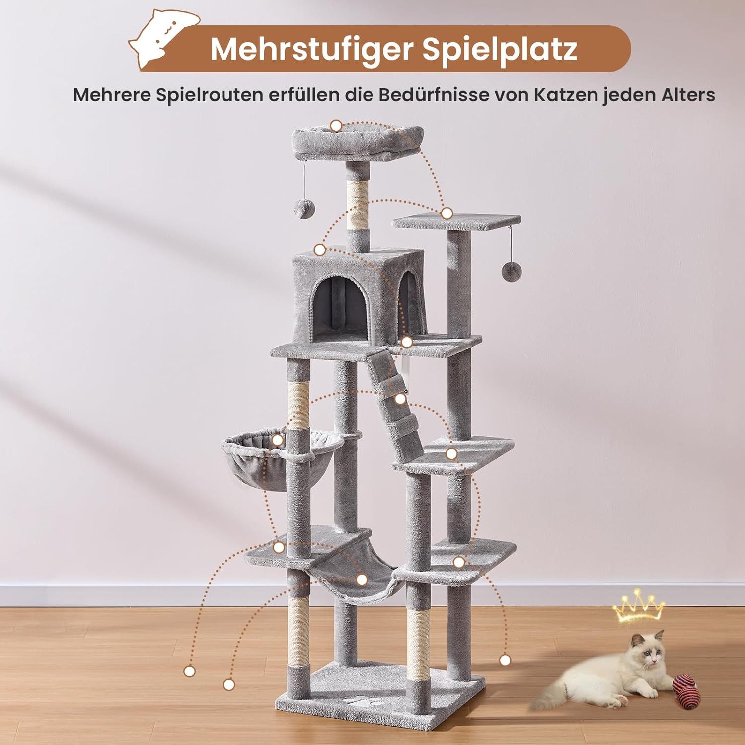 MSMASK Kratzbaum groß stabil, 170cm mehrstöckiger Katzenbaum, mit Katzenhöhlen, Plattformen, Hängematte und Sisalsäulen