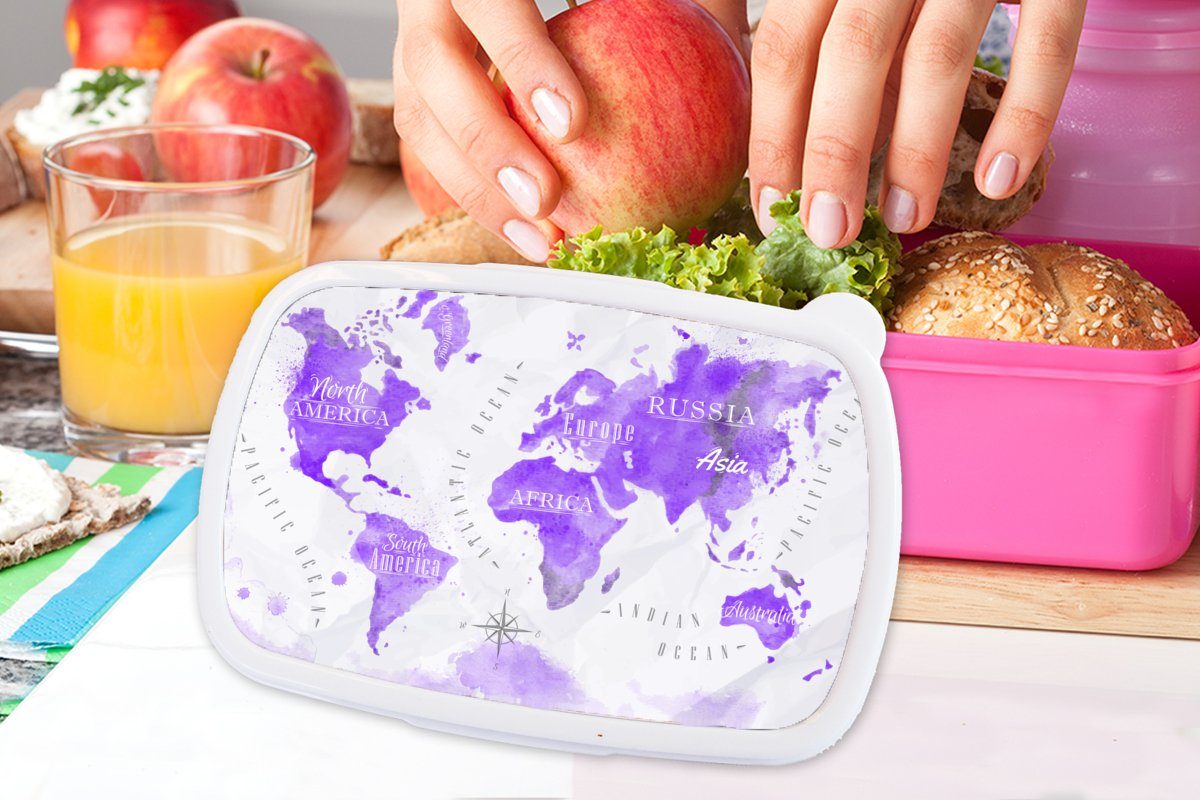 Weltkarte MuchoWow Brotdose Ölfarbe Kinder, - (2-tlg), Brotbox rosa Lunchbox Kunststoff Snackbox, Mädchen, Kunststoff, - für Violett, Erwachsene,