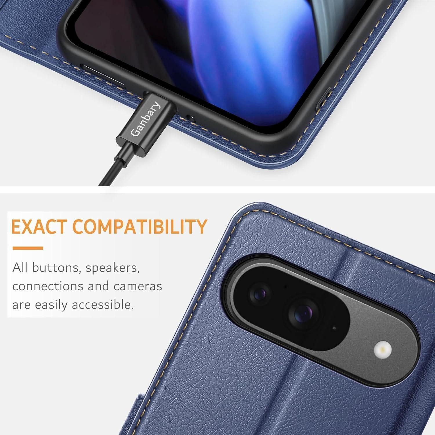 Ganbary Leder-Hülle Für Google Pixel 8 Pro – Mit Kartenschlitzen, Magnetverschluss & Standfunktion, Schwarz