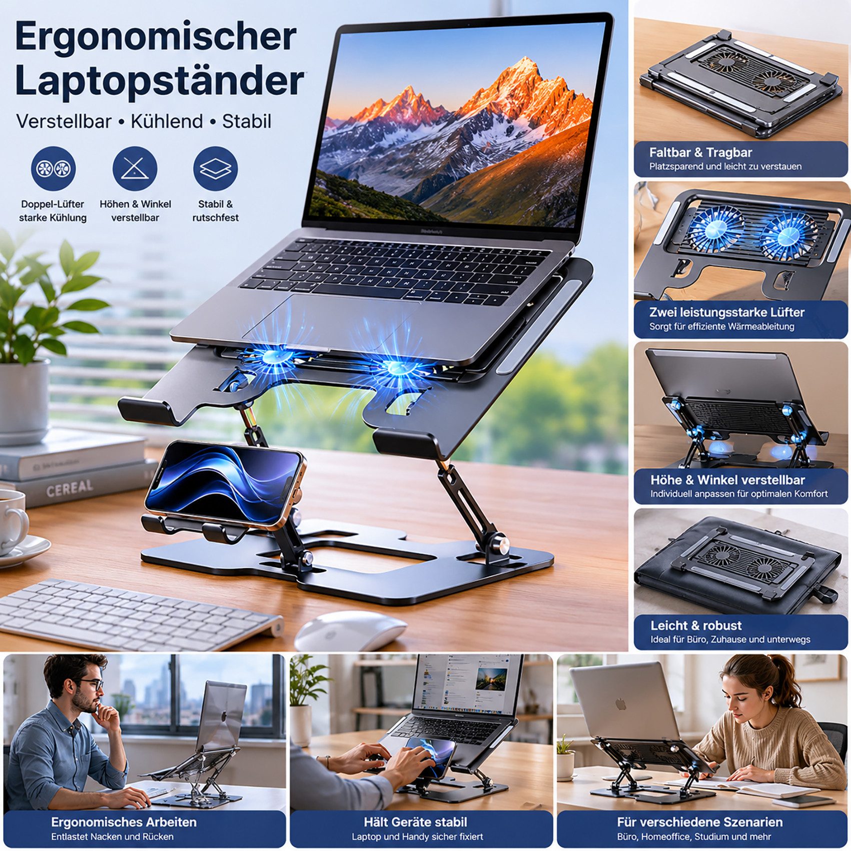ibettertec Laptop-Ständer Notebook-Kühler Verstellbarer Laptopständer Tablet-Halterung, (zusammenklappbar,mit Doppel-Lüfter und RGB-Beleuchtung) – Bild 3 von 5