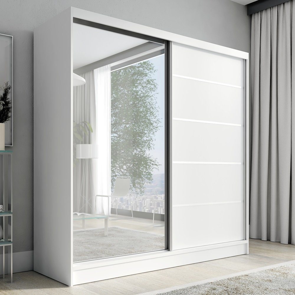 Schwebetürenschrank NERO 200 cm mit Spiegel drei Schubladen