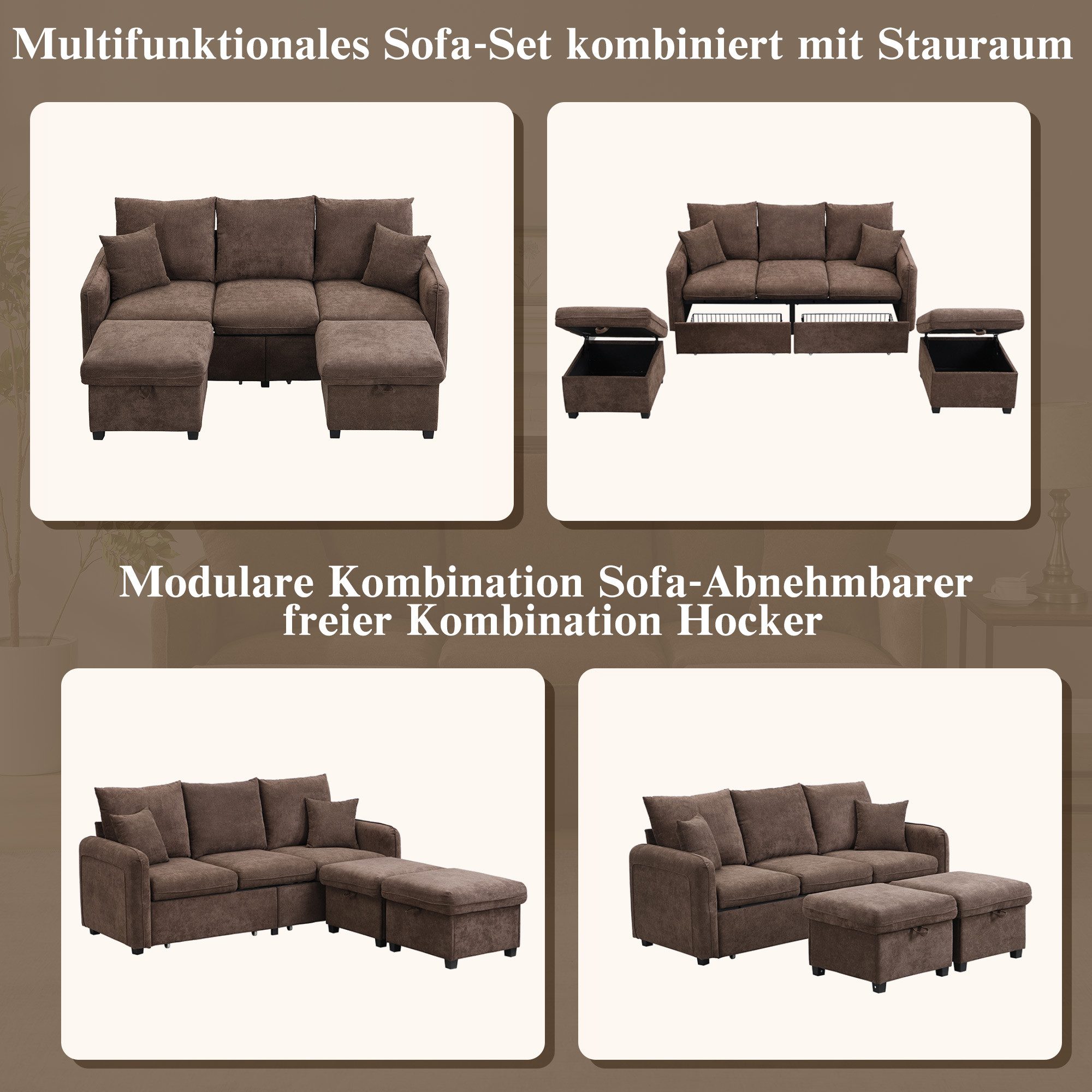 i@home Ecksofa Multifunktionales Ecksofa, Packung Set, Polstersofa in U-Form,mit Stauraum, zerlegbares Sofaset, Chenille-Bezug